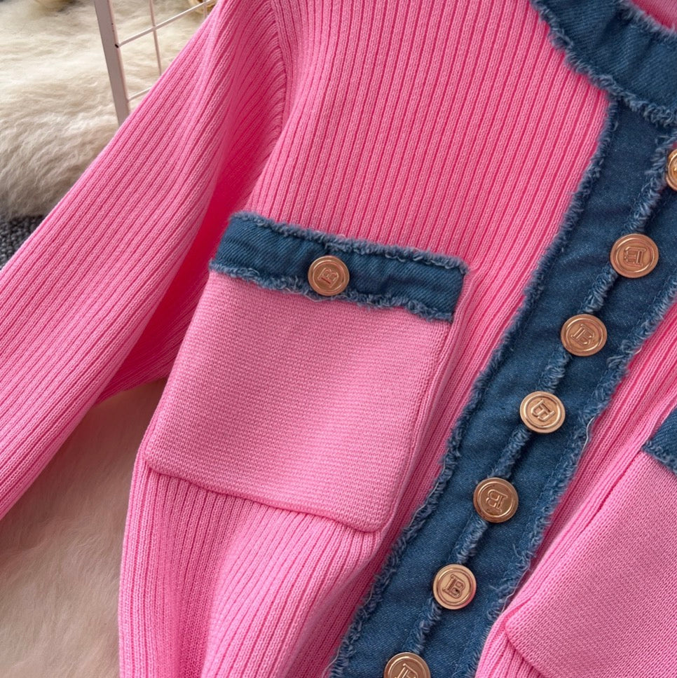 Color-blocking Round Collar Knitted Dress