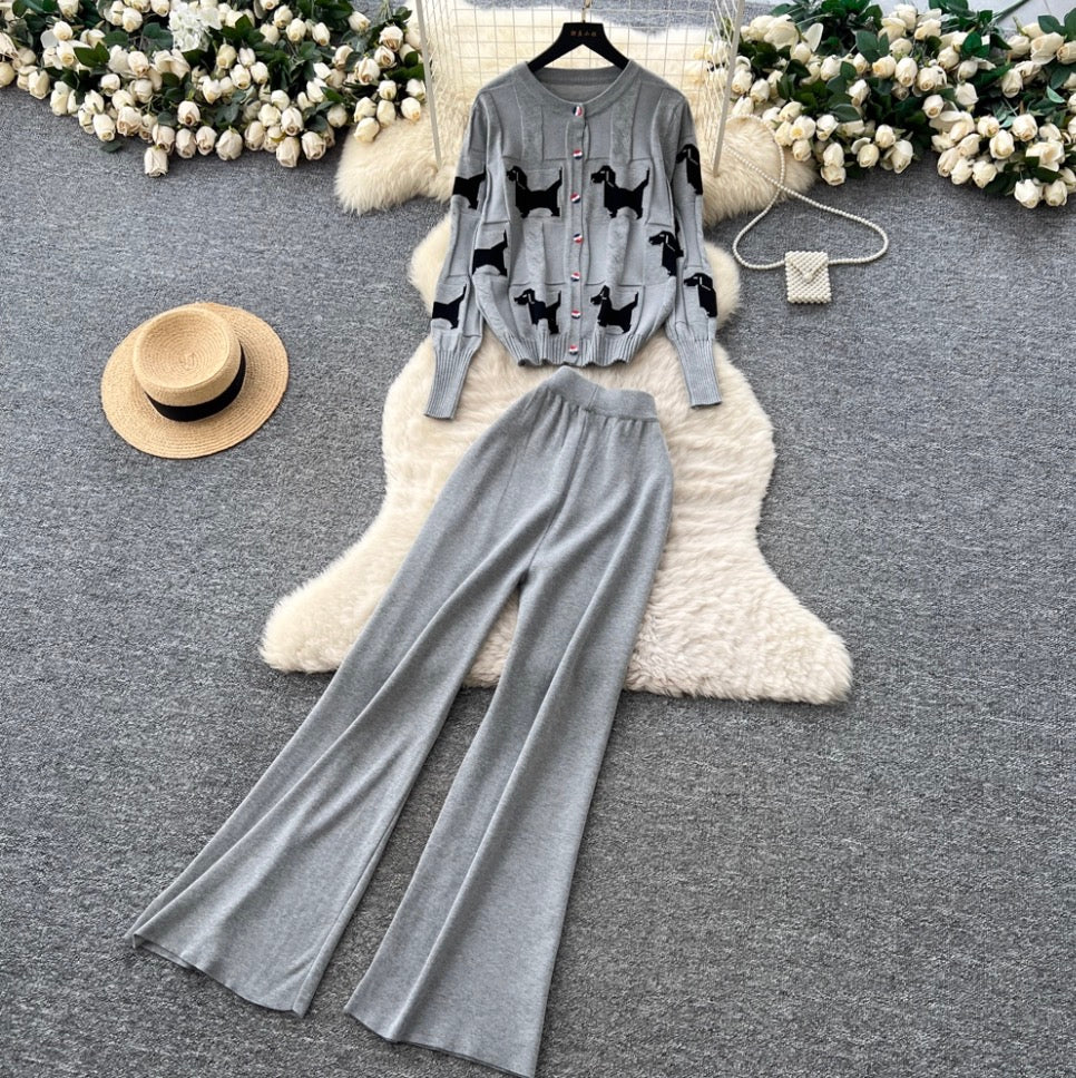 Print Cardigan & Wide-leg Trousers 2Pcs