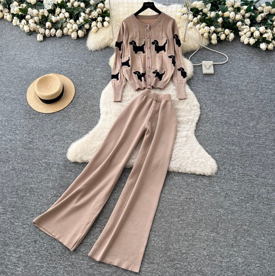 Print Cardigan & Wide-leg Trousers 2Pcs
