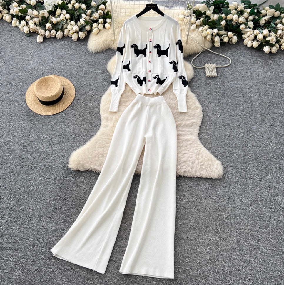 Print Cardigan & Wide-leg Trousers 2Pcs