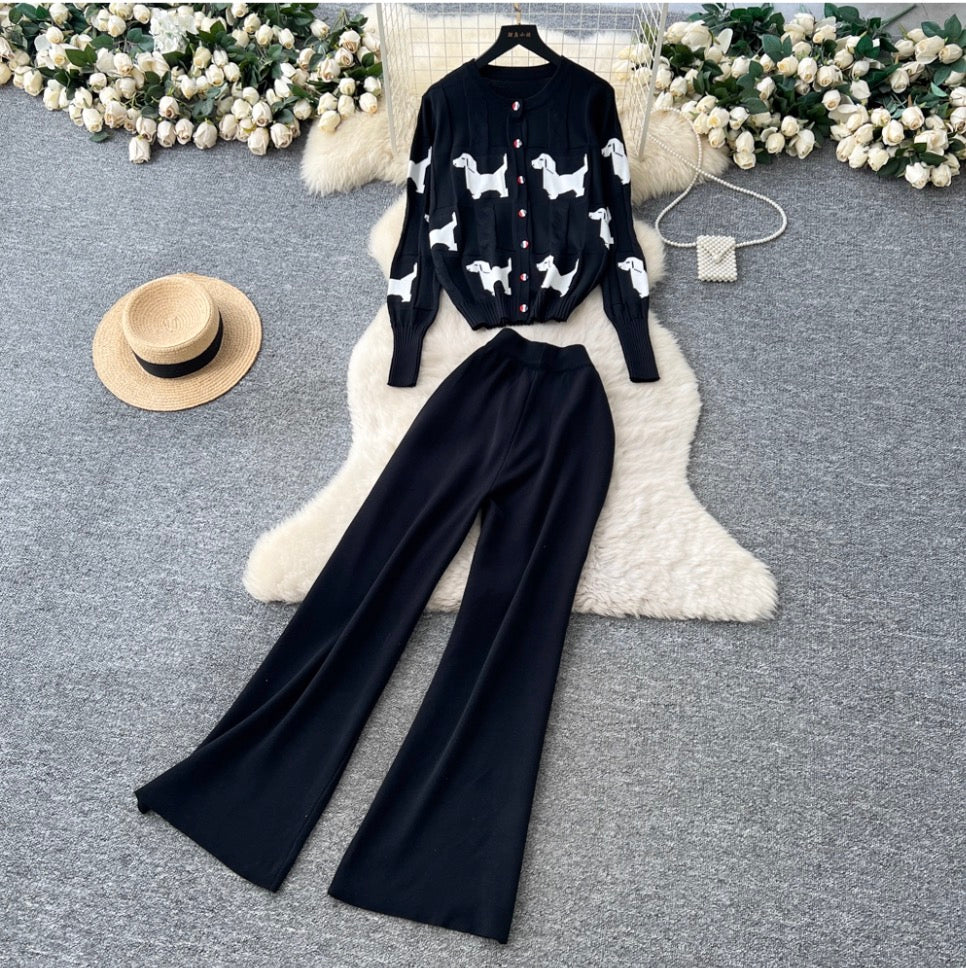 Print Cardigan & Wide-leg Trousers 2Pcs