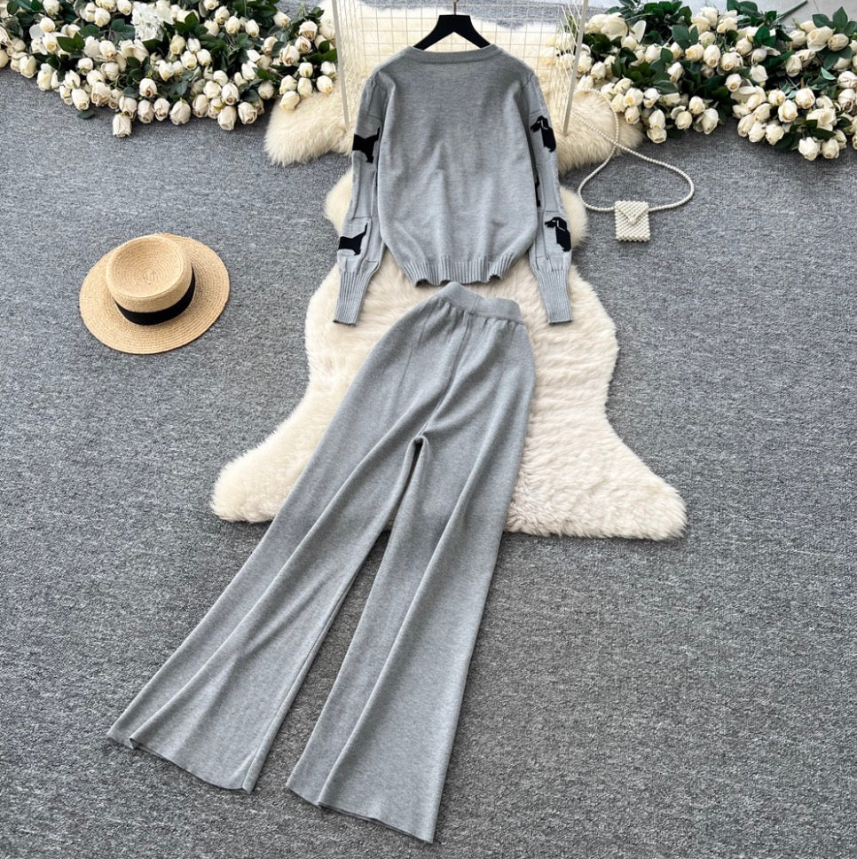 Print Cardigan & Wide-leg Trousers 2Pcs