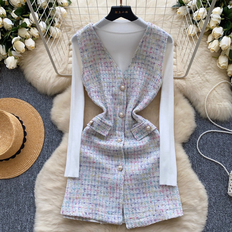 Tweed Vest Dress & Knitwear 2Pcs