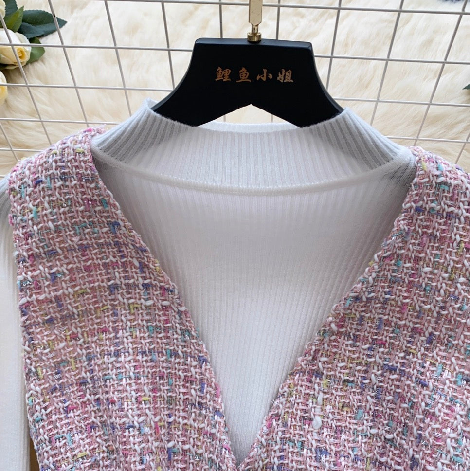 Tweed Vest Dress & Knitwear 2Pcs