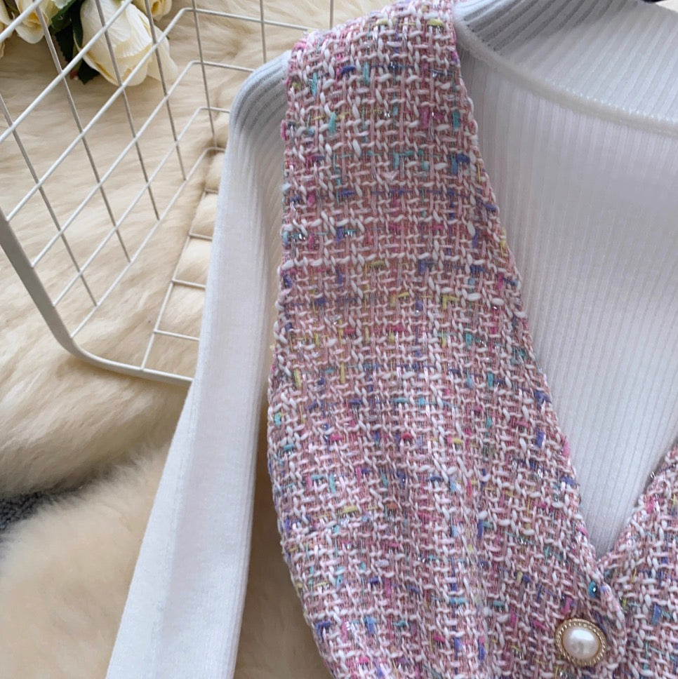 Tweed Vest Dress & Knitwear 2Pcs
