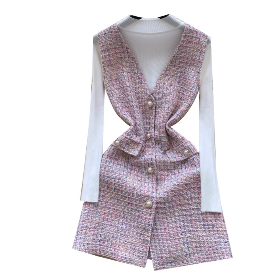 Tweed Vest Dress & Knitwear 2Pcs