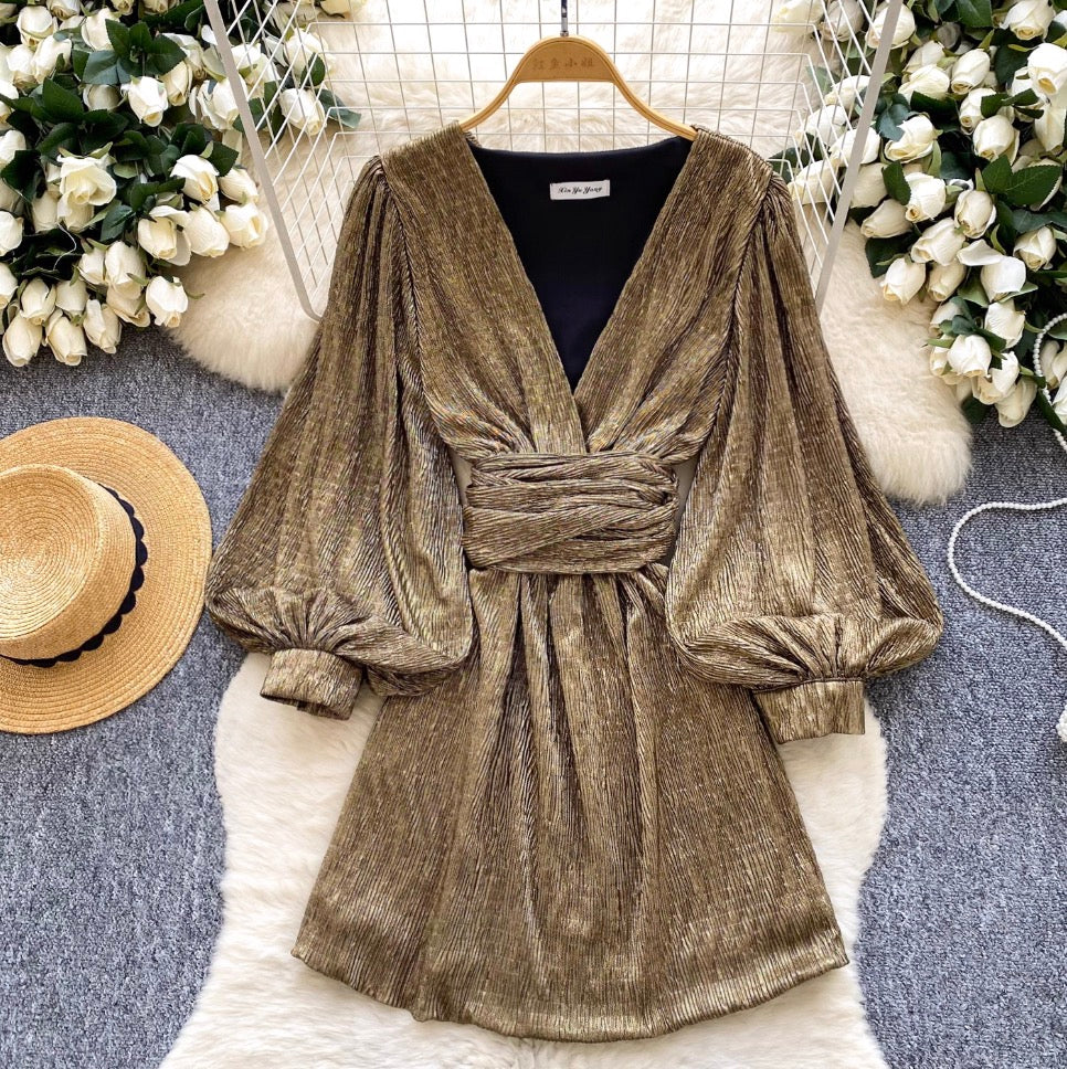 V-neck Flared Sleeve Shiny Dress