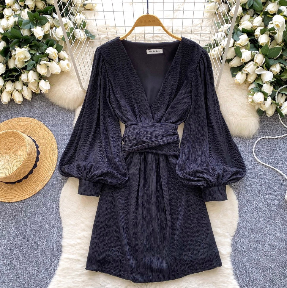 V-neck Flared Sleeve Shiny Dress