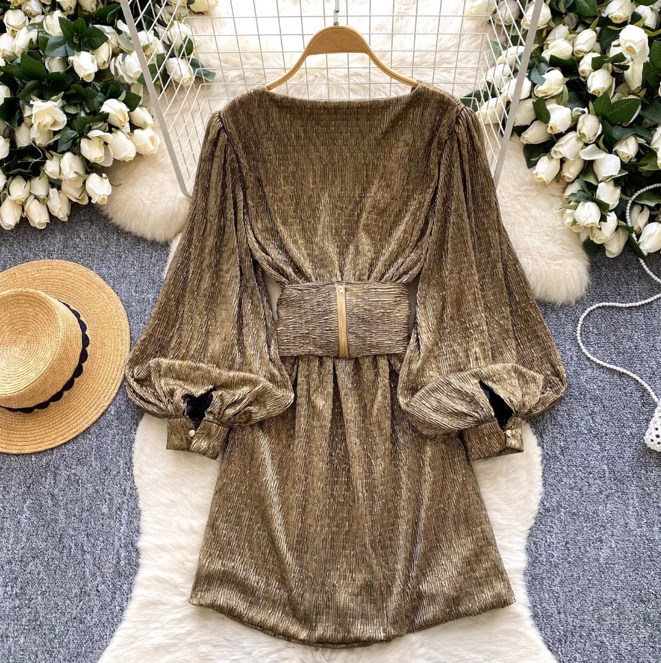 V-neck Flared Sleeve Shiny Dress