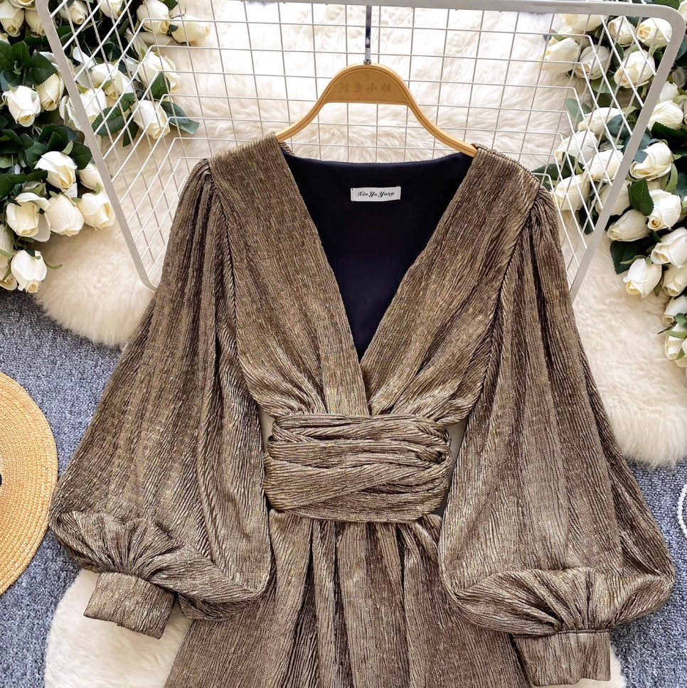 V-neck Flared Sleeve Shiny Dress
