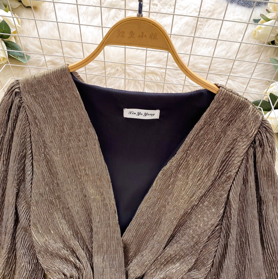 V-neck Flared Sleeve Shiny Dress
