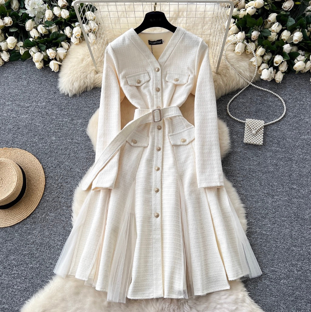 V-neck Mesh Patchwork Elegant Dress