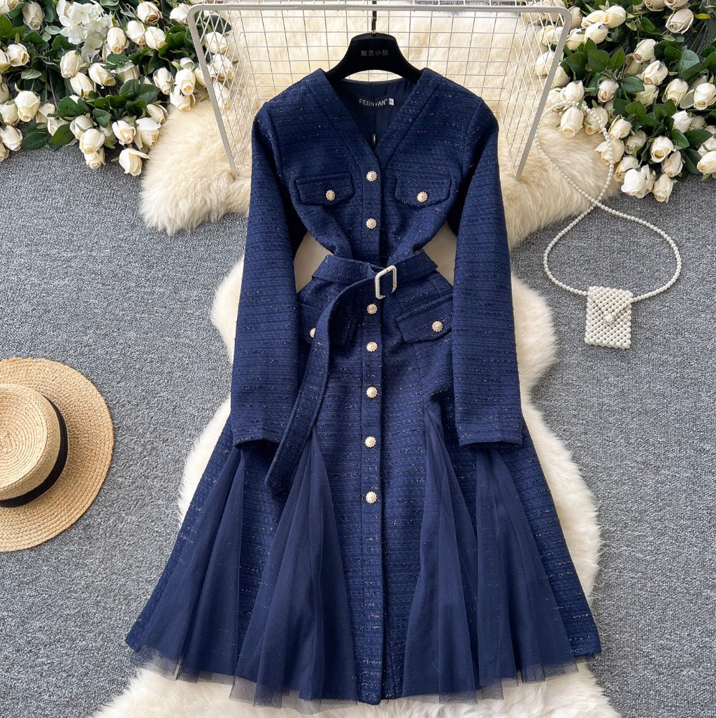 V-neck Mesh Patchwork Elegant Dress