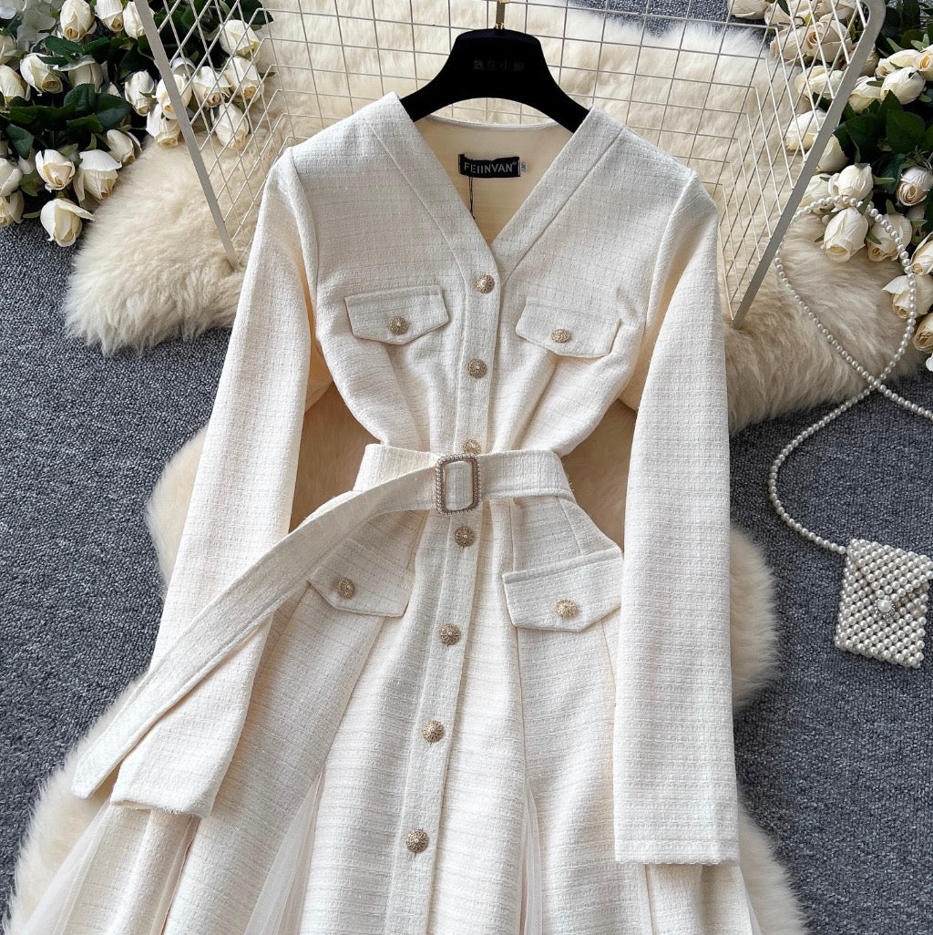 V-neck Mesh Patchwork Elegant Dress