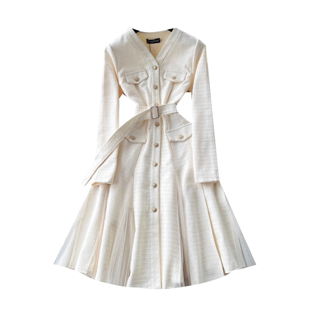 V-neck Mesh Patchwork Elegant Dress