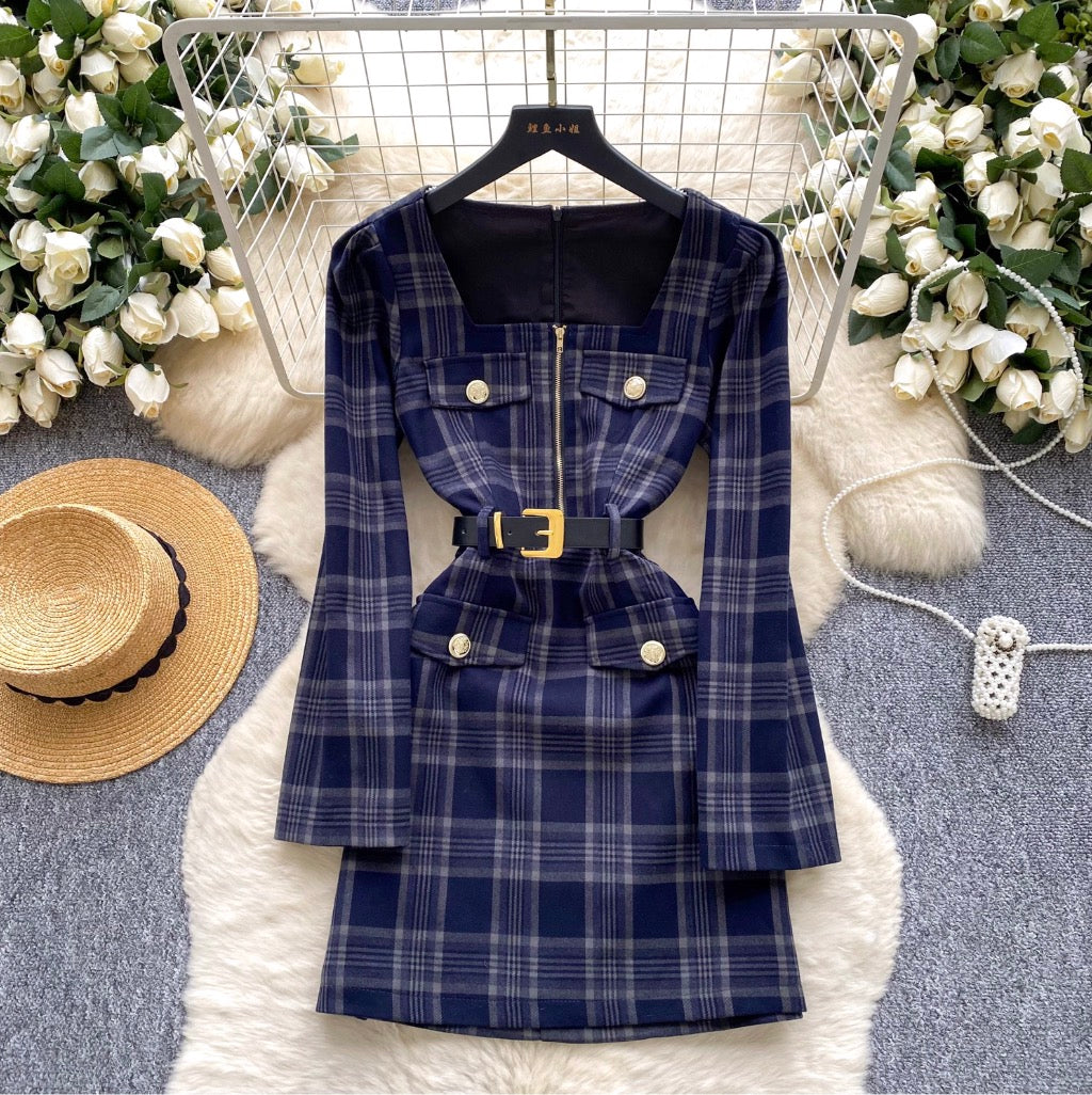 Vintage Square Neckline Plaid Dress