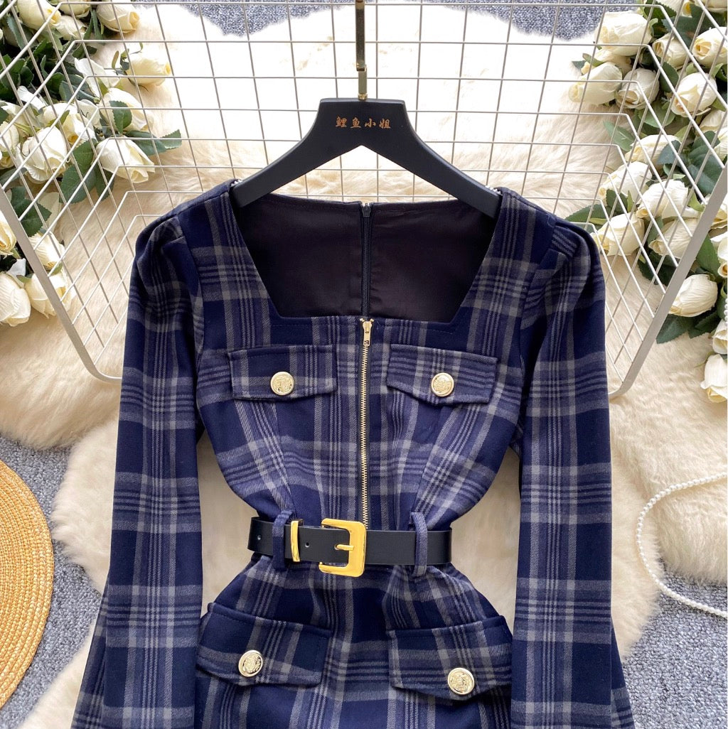 Vintage Square Neckline Plaid Dress