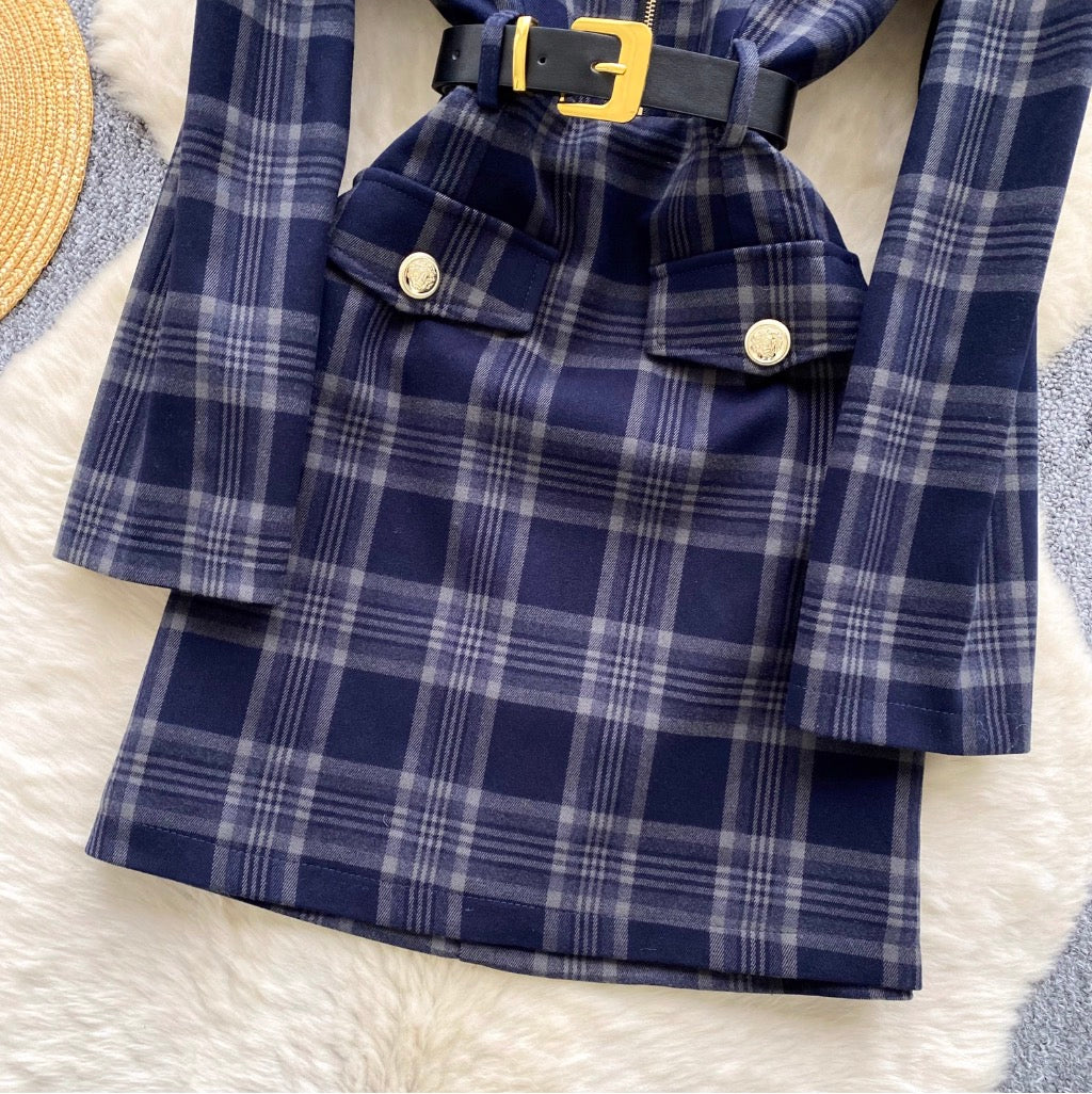 Vintage Square Neckline Plaid Dress