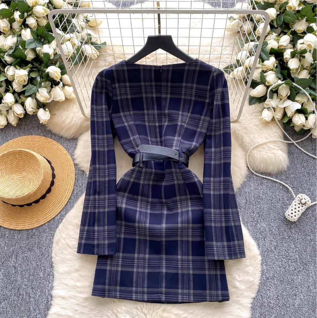 Vintage Square Neckline Plaid Dress