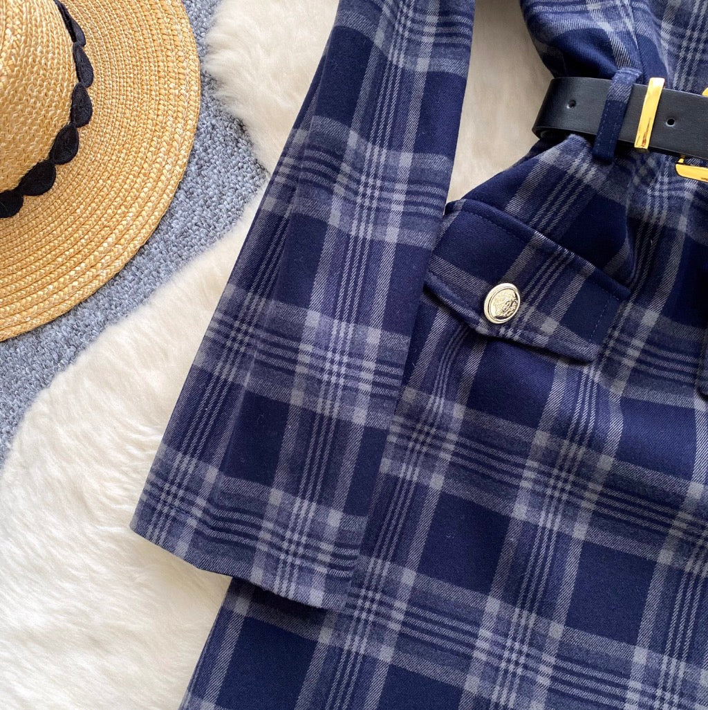 Vintage Square Neckline Plaid Dress
