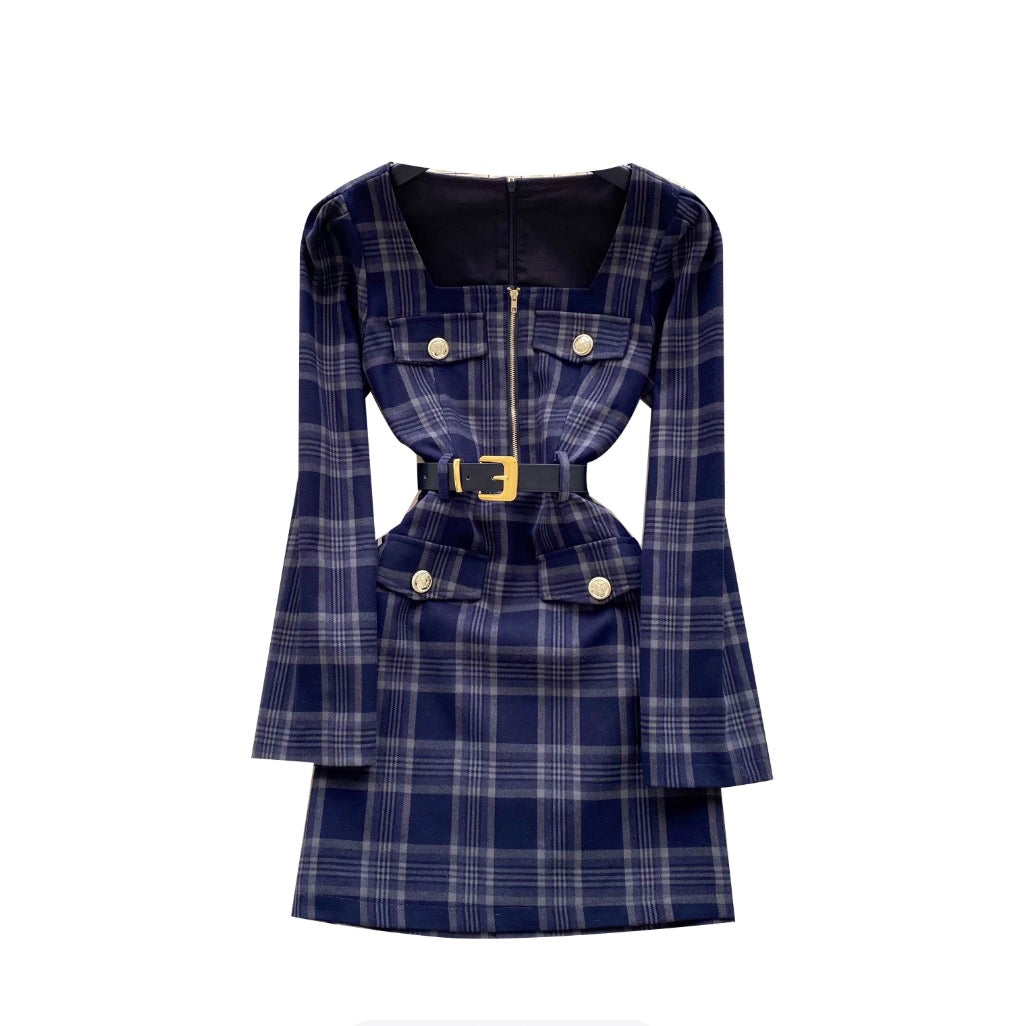 Vintage Square Neckline Plaid Dress