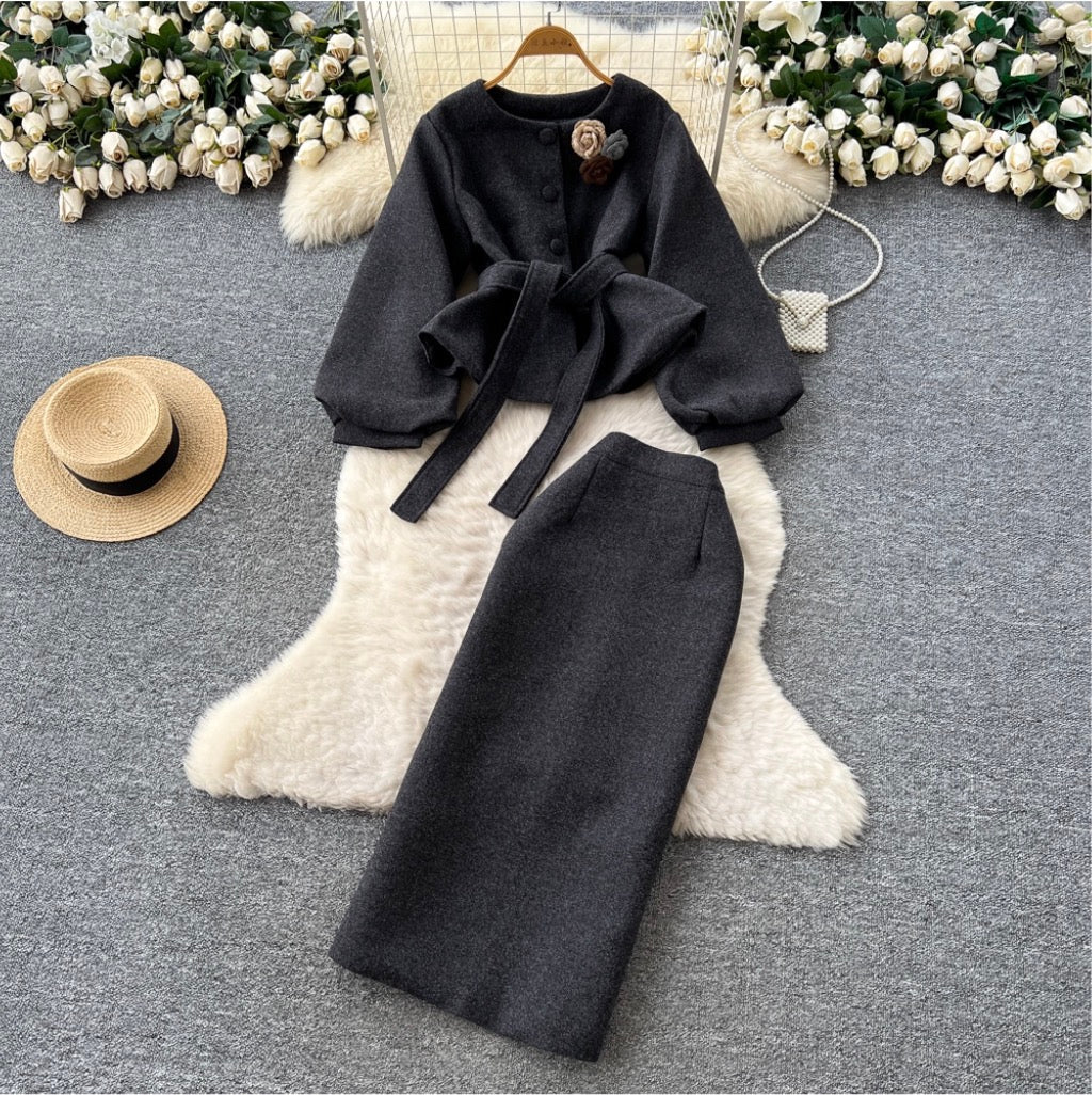 3D Floral Cardigan & Skirt 2Pcs