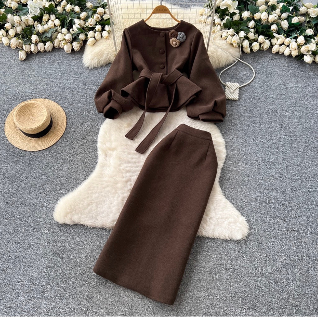 3D Floral Cardigan & Skirt 2Pcs