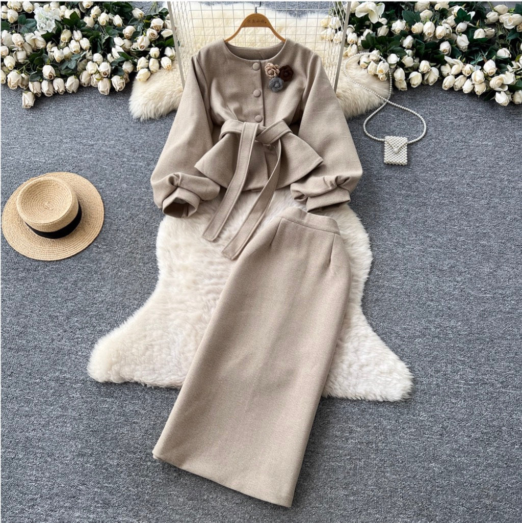 3D Floral Cardigan & Skirt 2Pcs