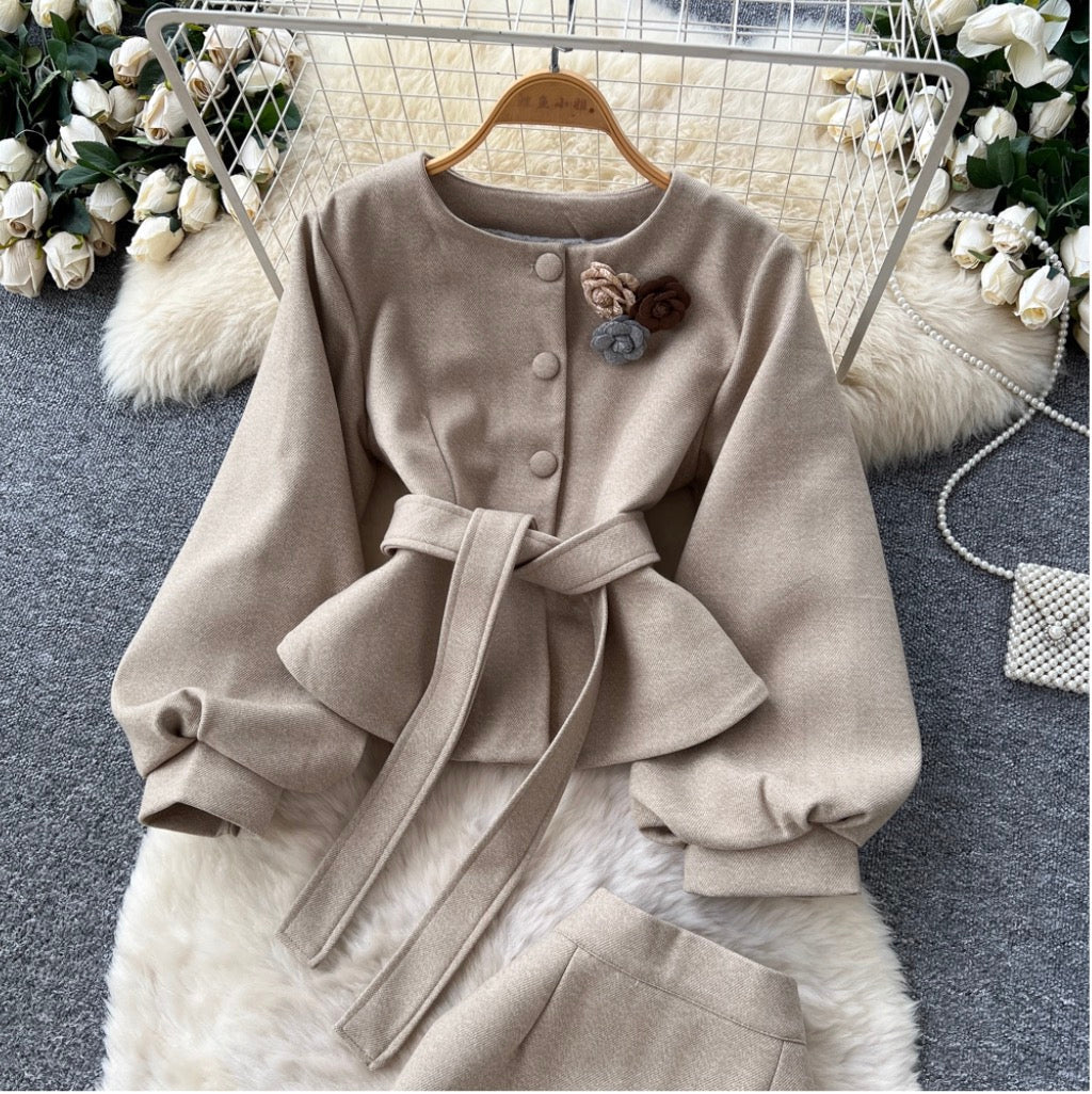 3D Floral Cardigan & Skirt 2Pcs