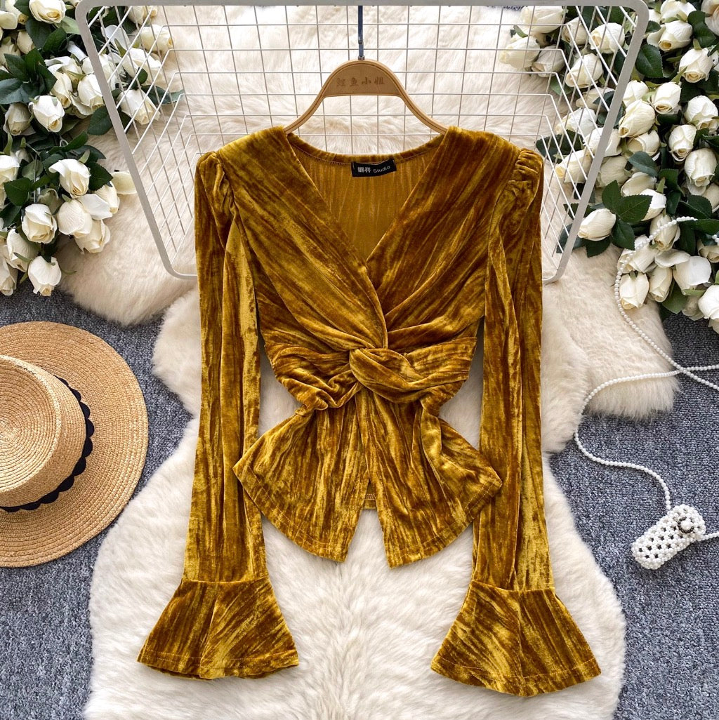 Vintage V-neck Knotted Suede Top