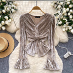 Vintage V-neck Knotted Suede Top
