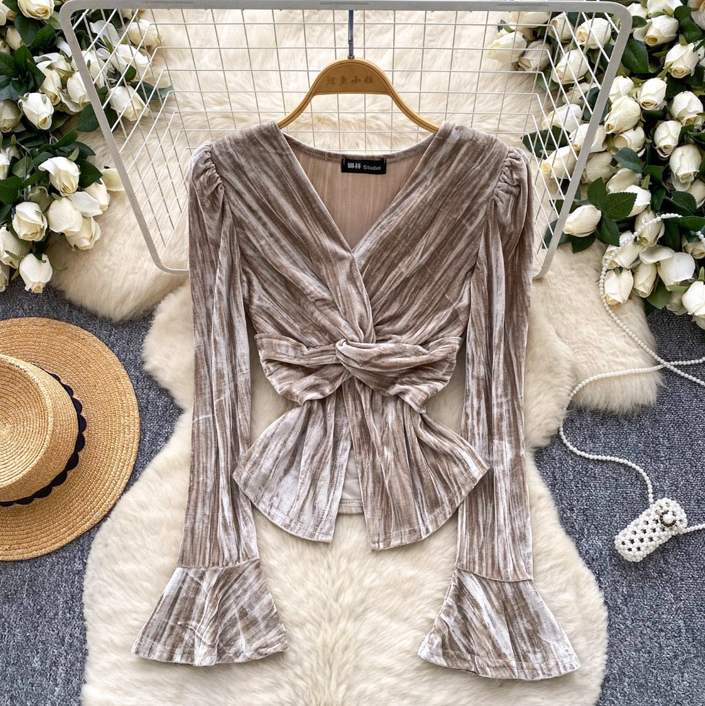 Vintage V-neck Knotted Suede Top