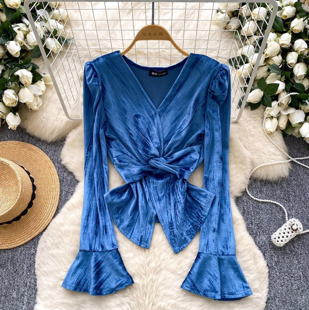 Vintage V-neck Knotted Suede Top