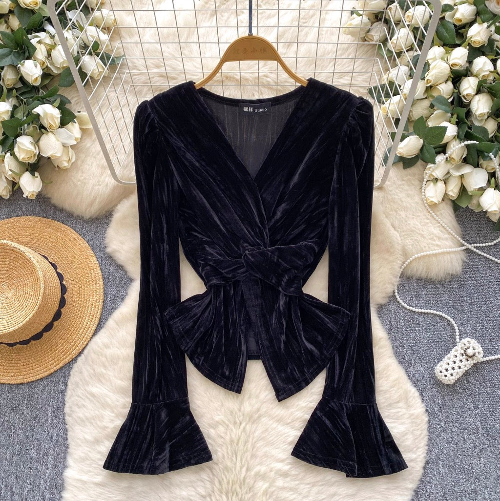Vintage V-neck Knotted Suede Top