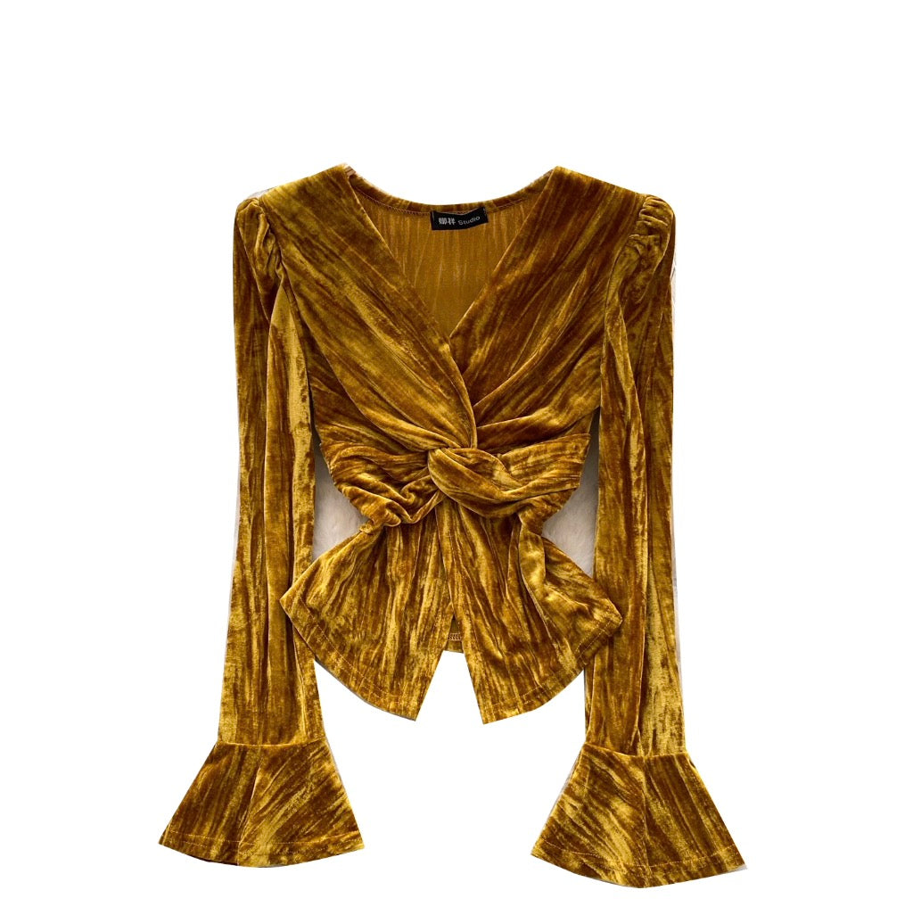 Vintage V-neck Knotted Suede Top