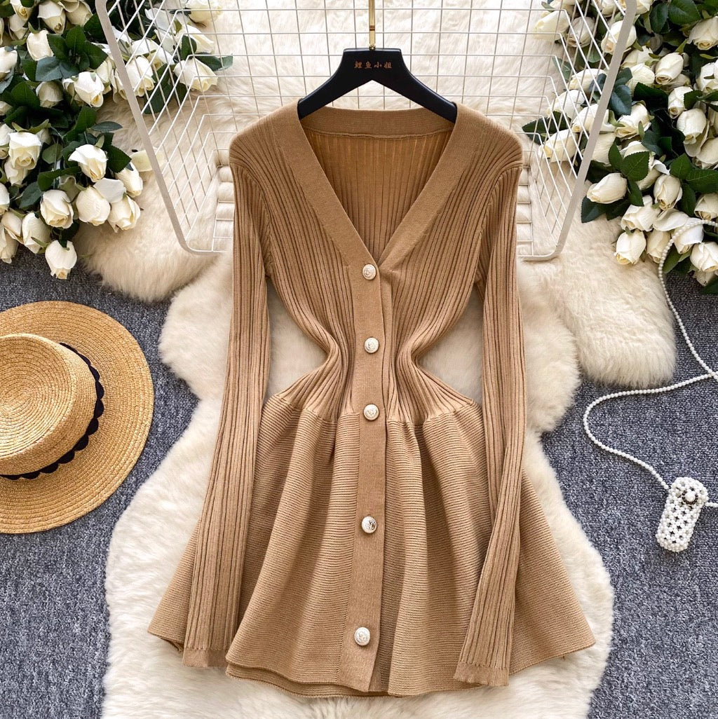 V-neck Solid Color Cardigan Dress