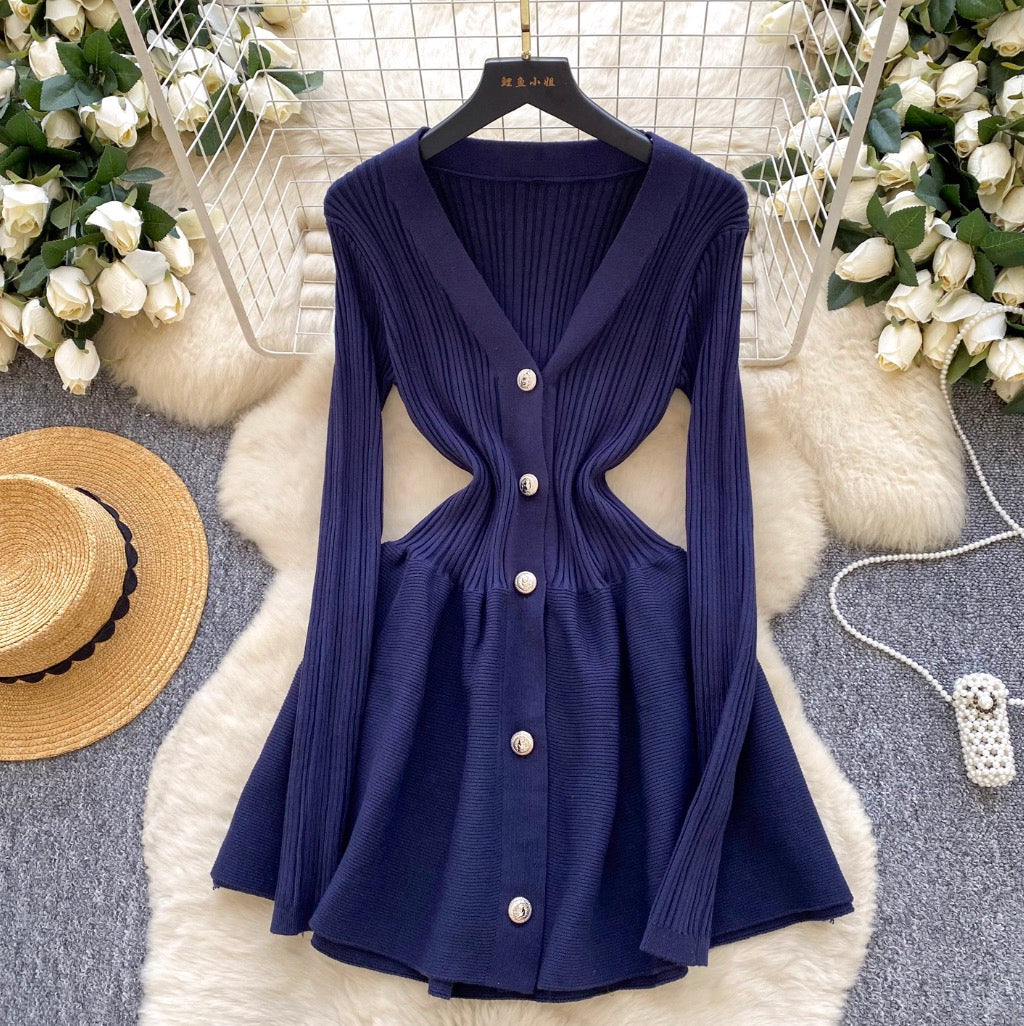 V-neck Solid Color Cardigan Dress