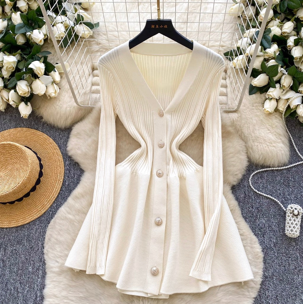 V-neck Solid Color Cardigan Dress