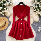 V-neck Solid Color Cardigan Dress