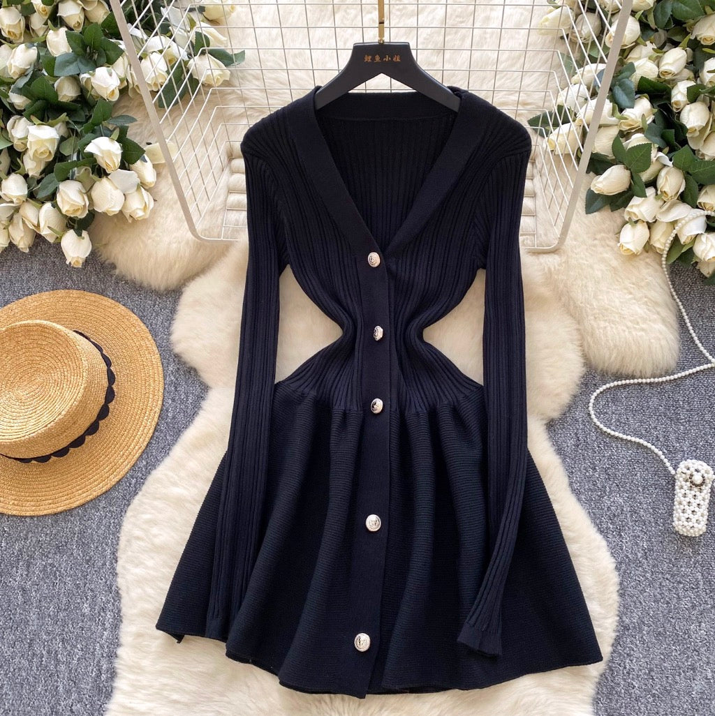 V-neck Solid Color Cardigan Dress