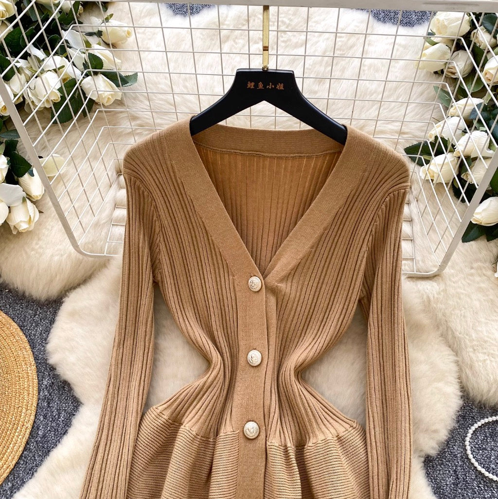 V-neck Solid Color Cardigan Dress