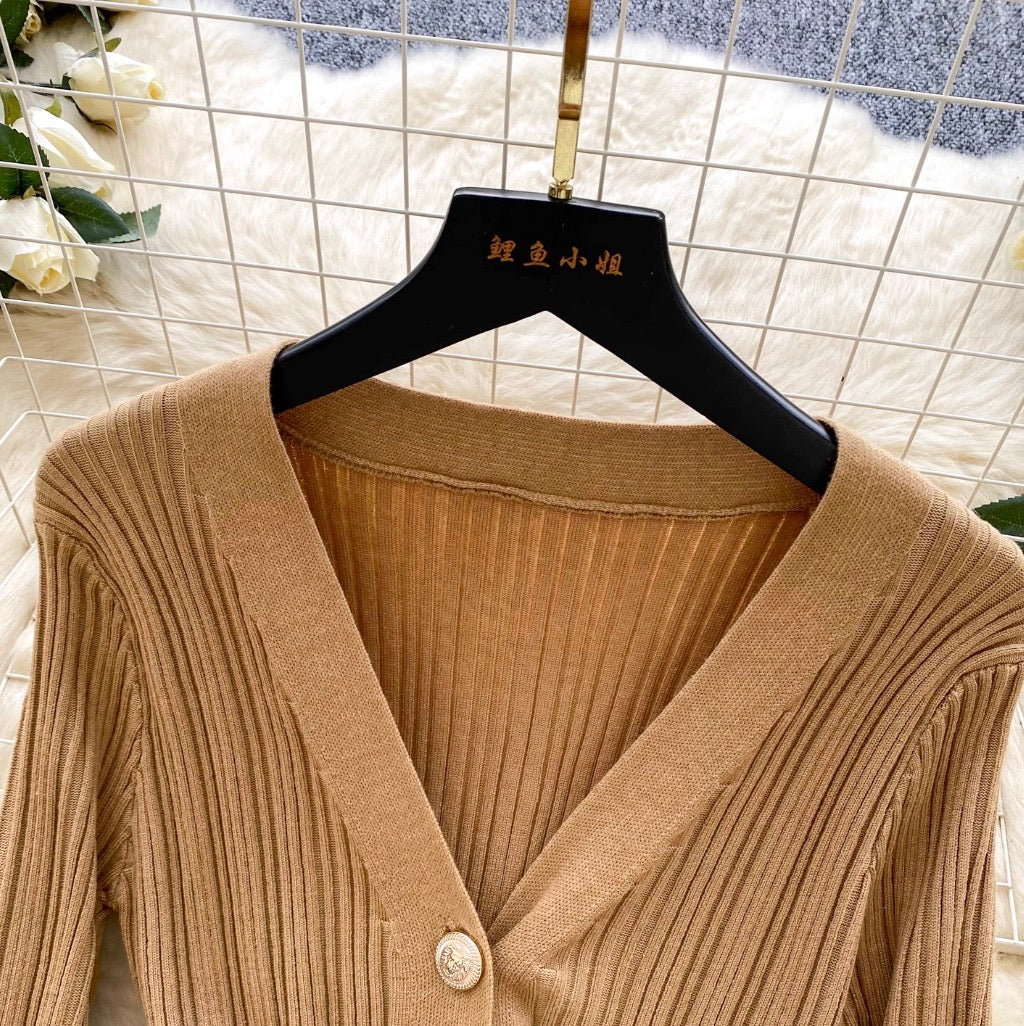 V-neck Solid Color Cardigan Dress