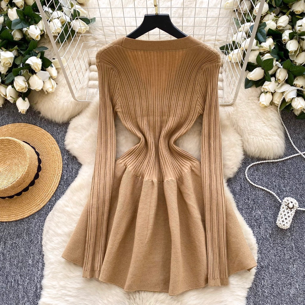 V-neck Solid Color Cardigan Dress
