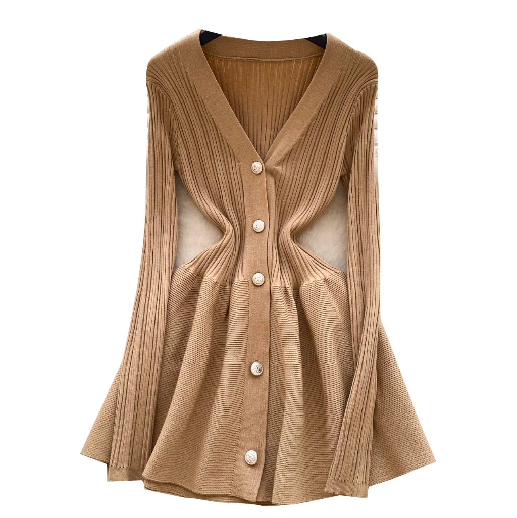 V-neck Solid Color Cardigan Dress