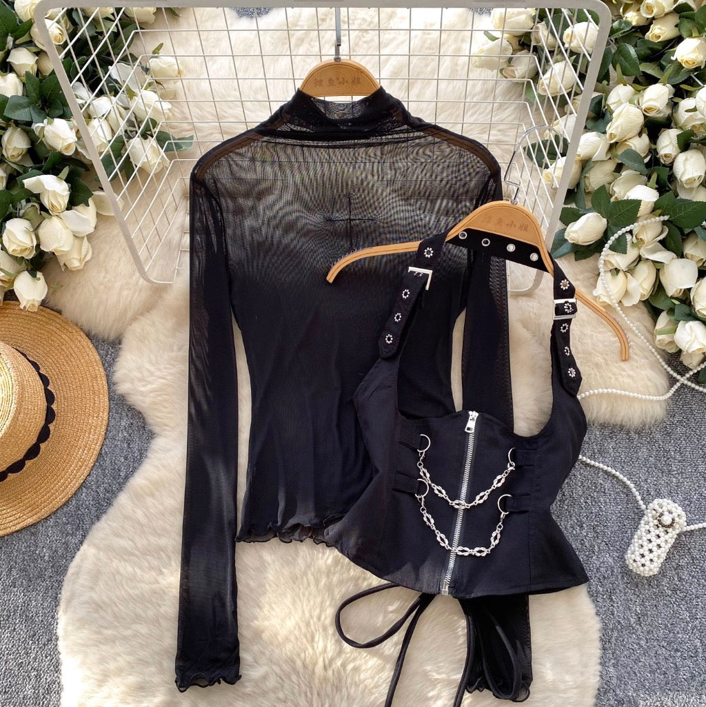 Black Mesh Top & PU Camisole 2Pcs