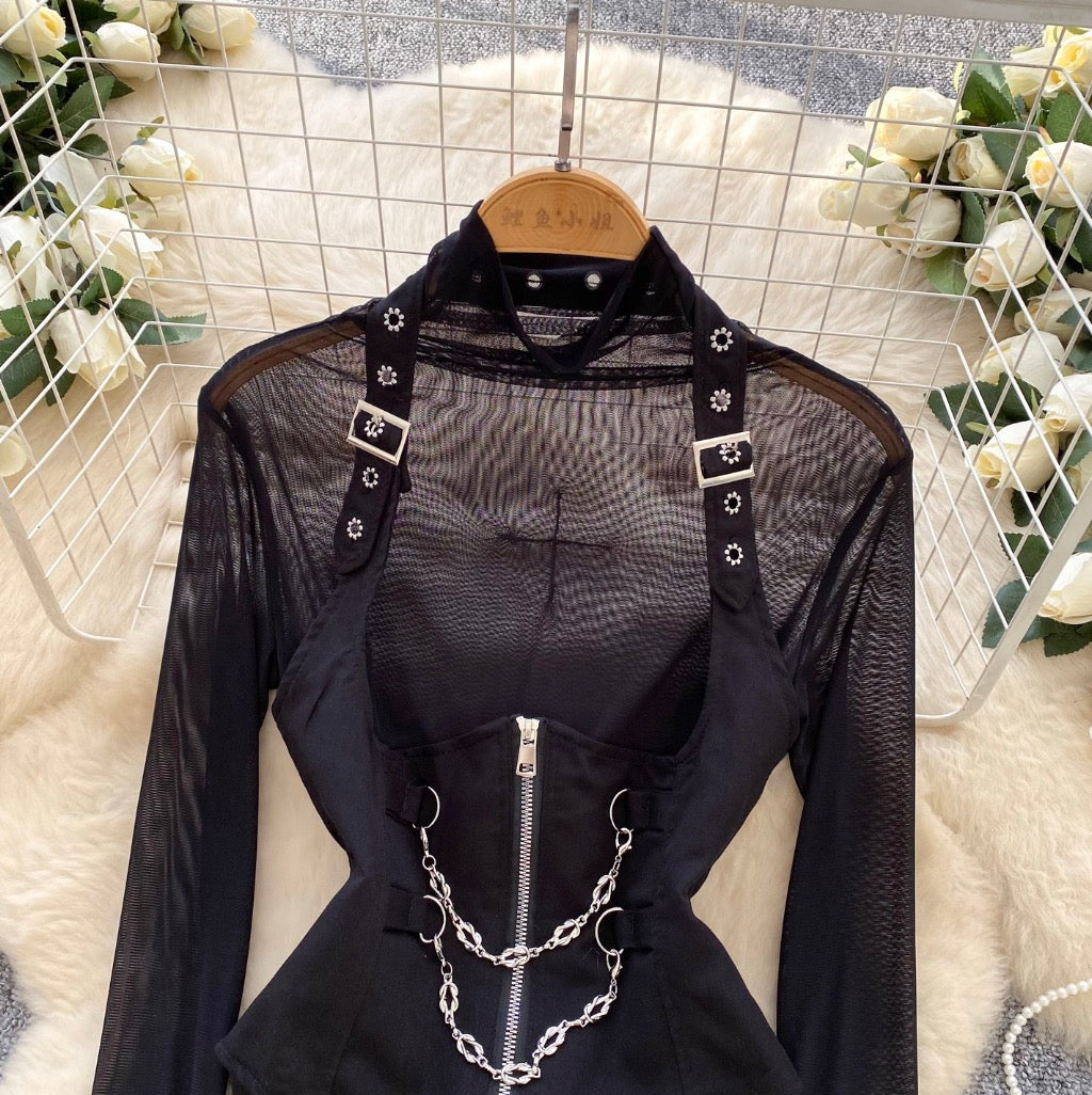 Black Mesh Top & PU Camisole 2Pcs