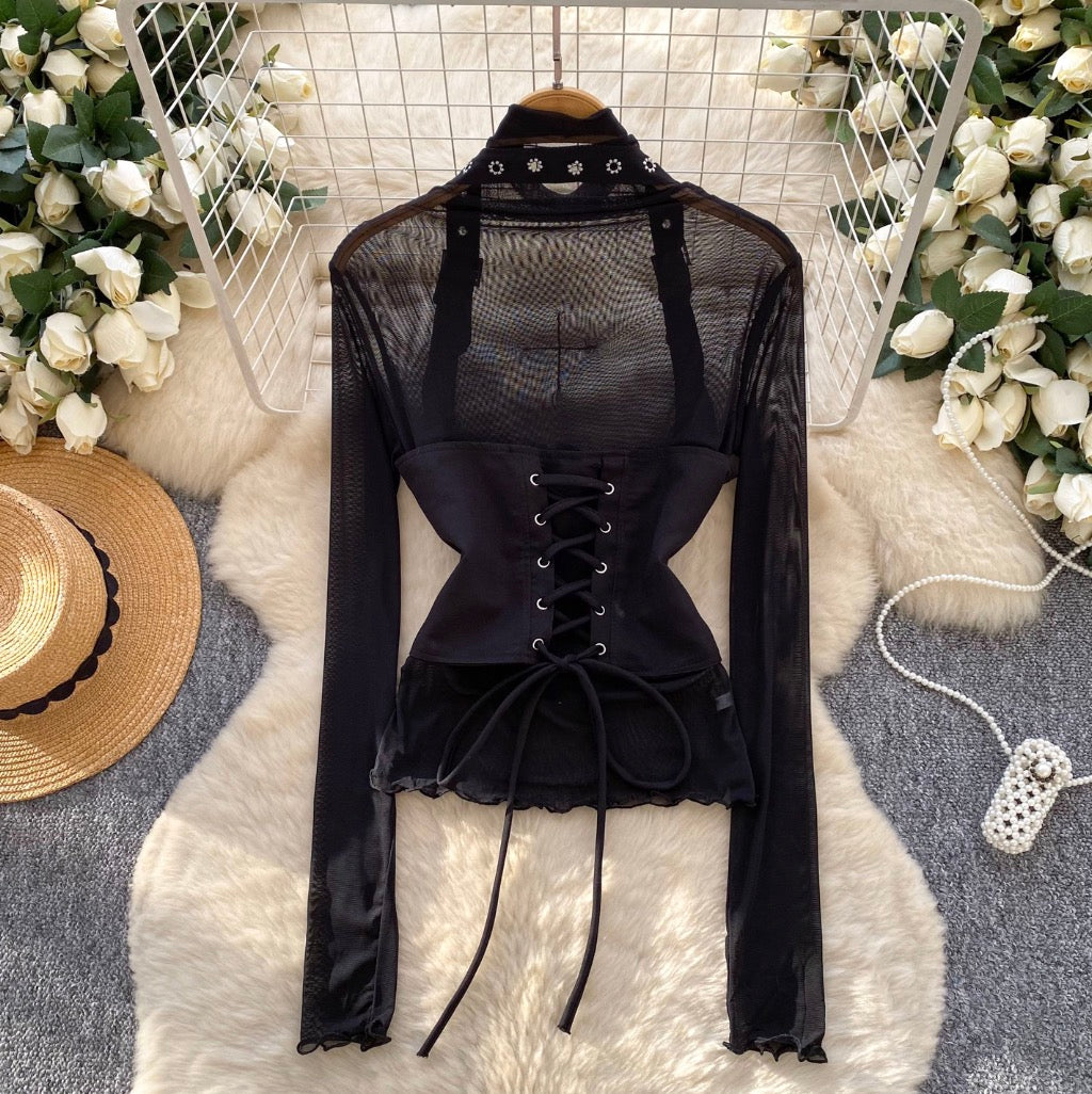 Black Mesh Top & PU Camisole 2Pcs