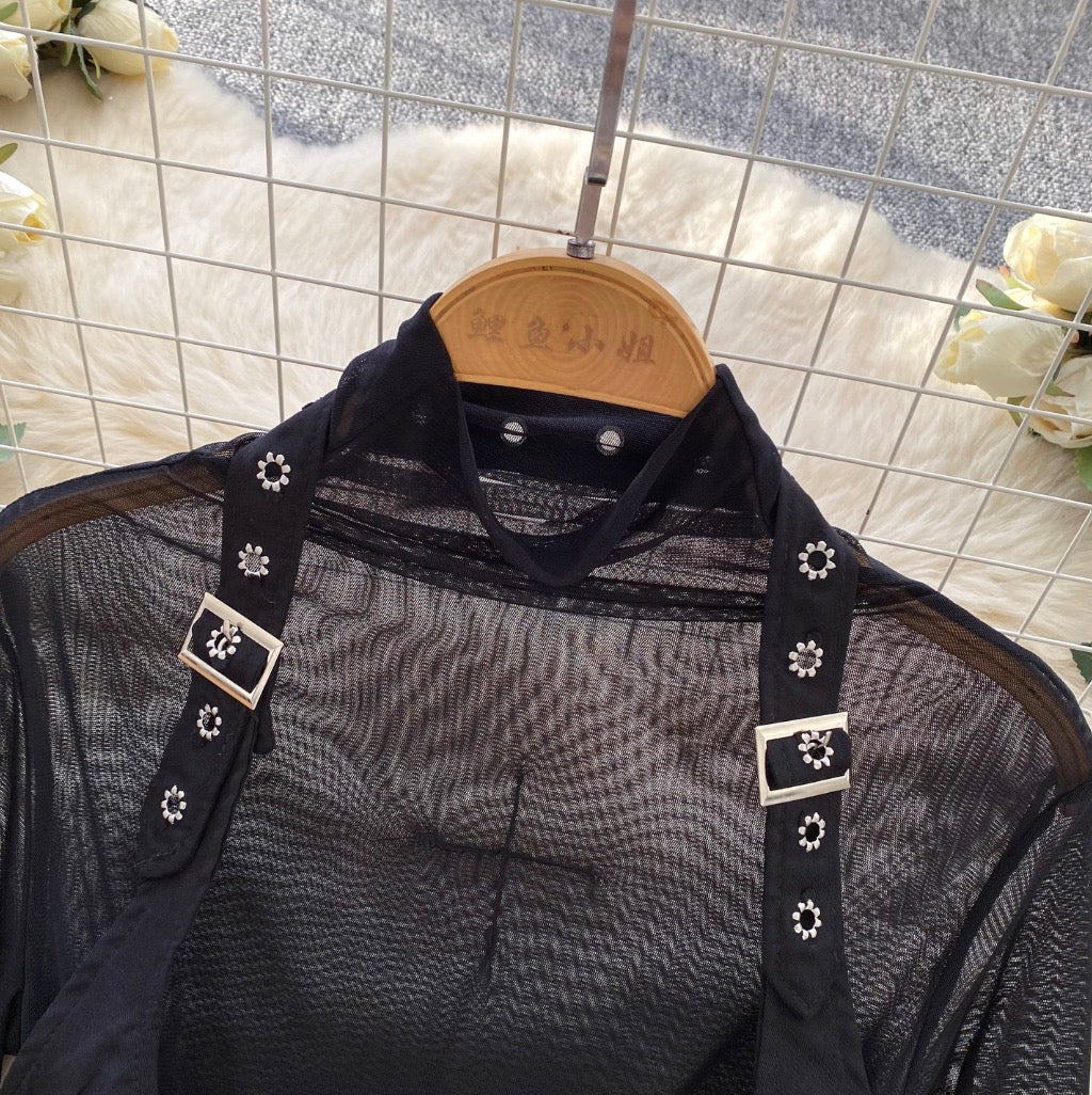 Black Mesh Top & PU Camisole 2Pcs
