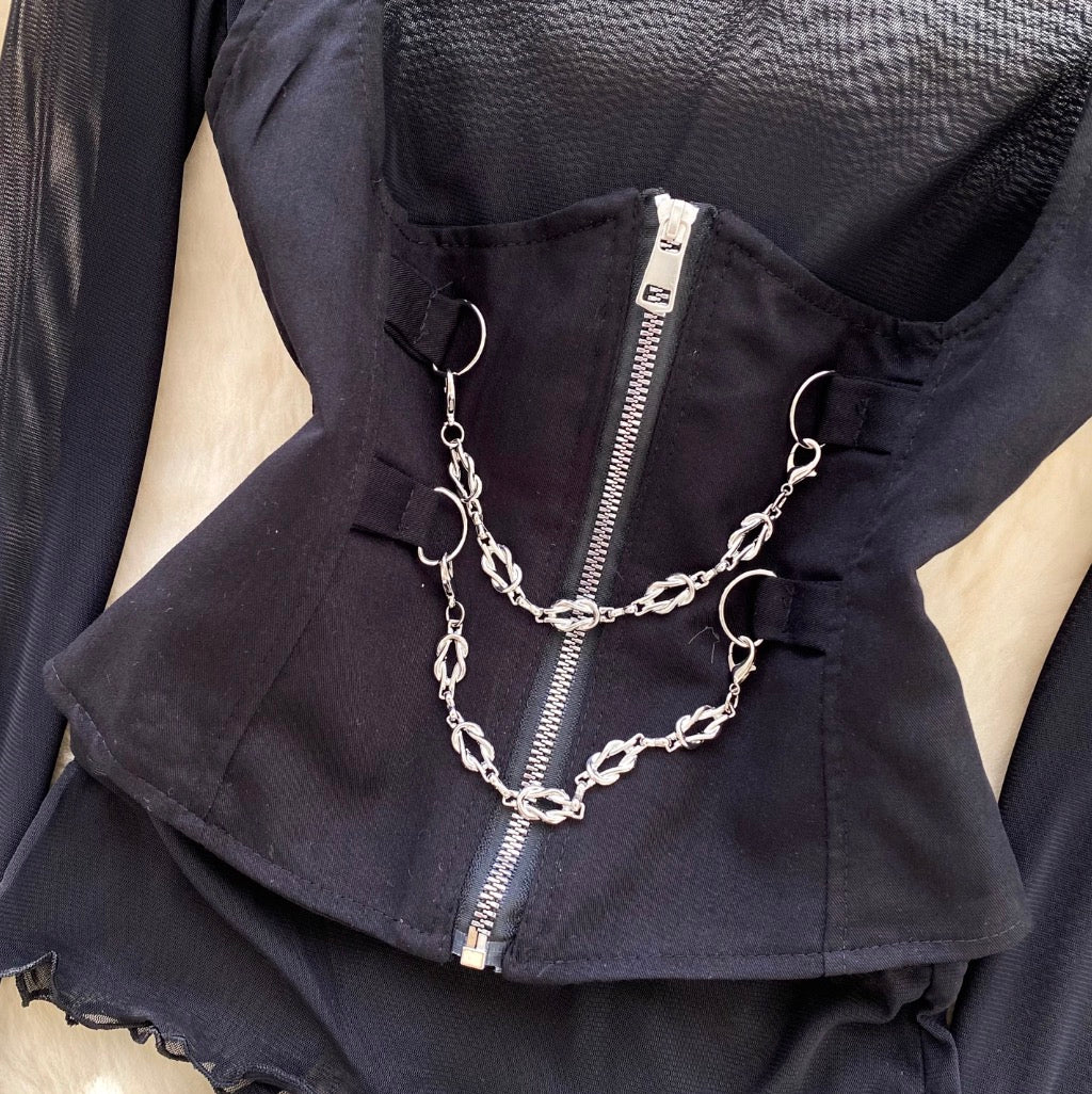 Black Mesh Top & PU Camisole 2Pcs