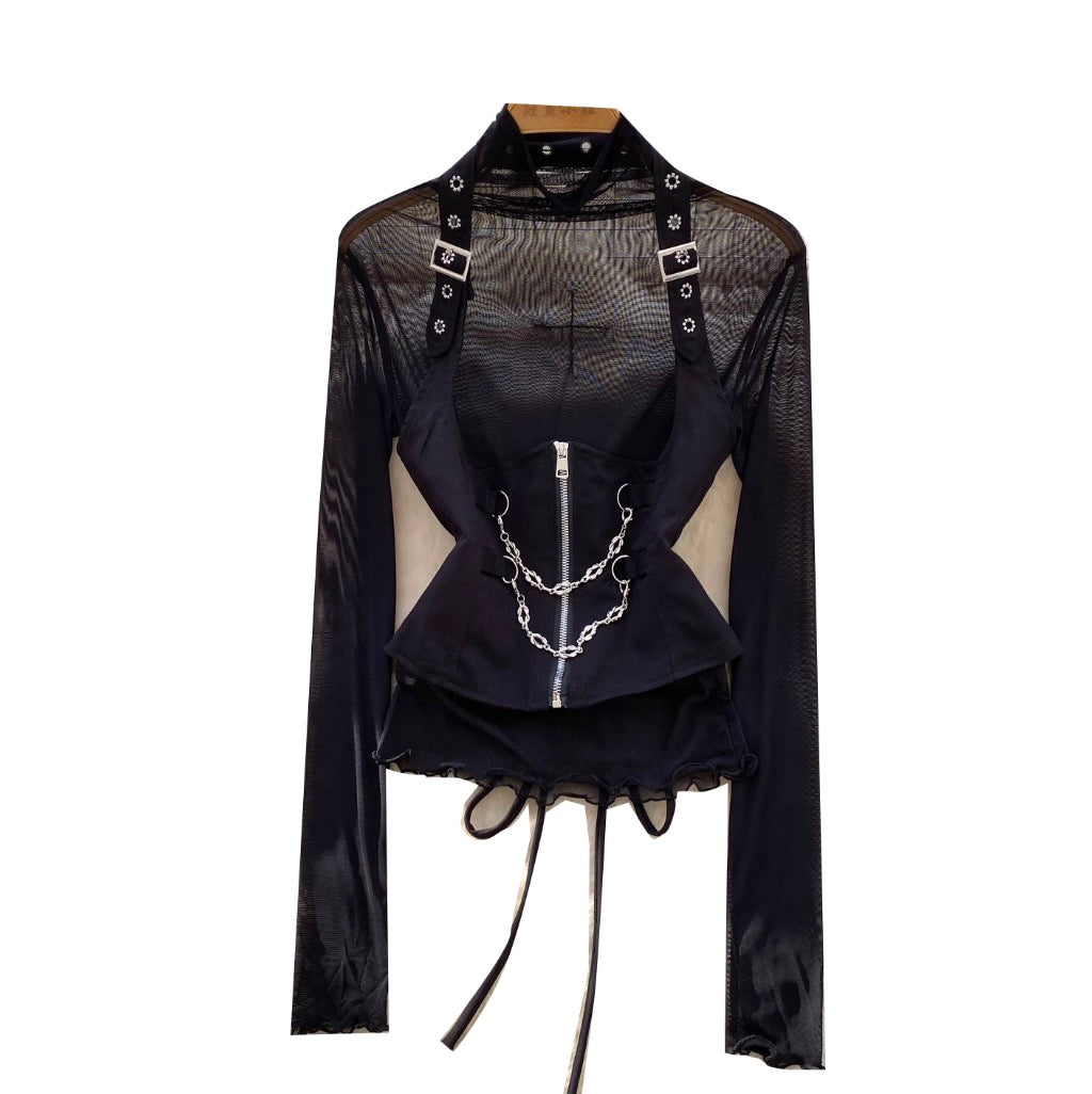 Black Mesh Top & PU Camisole 2Pcs